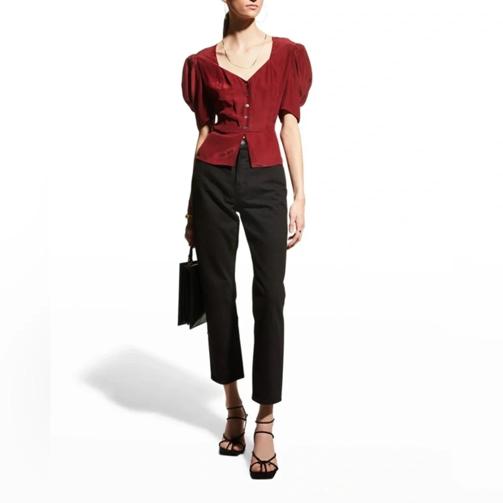 Frame Denim Red V-Neck Puff Sleeve Button Front Blouse - Picture 3 of 14